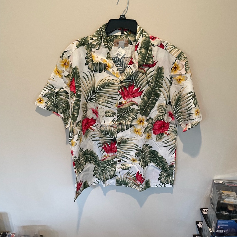 Red and Green Casual Button Down Shirt with Tropical Print